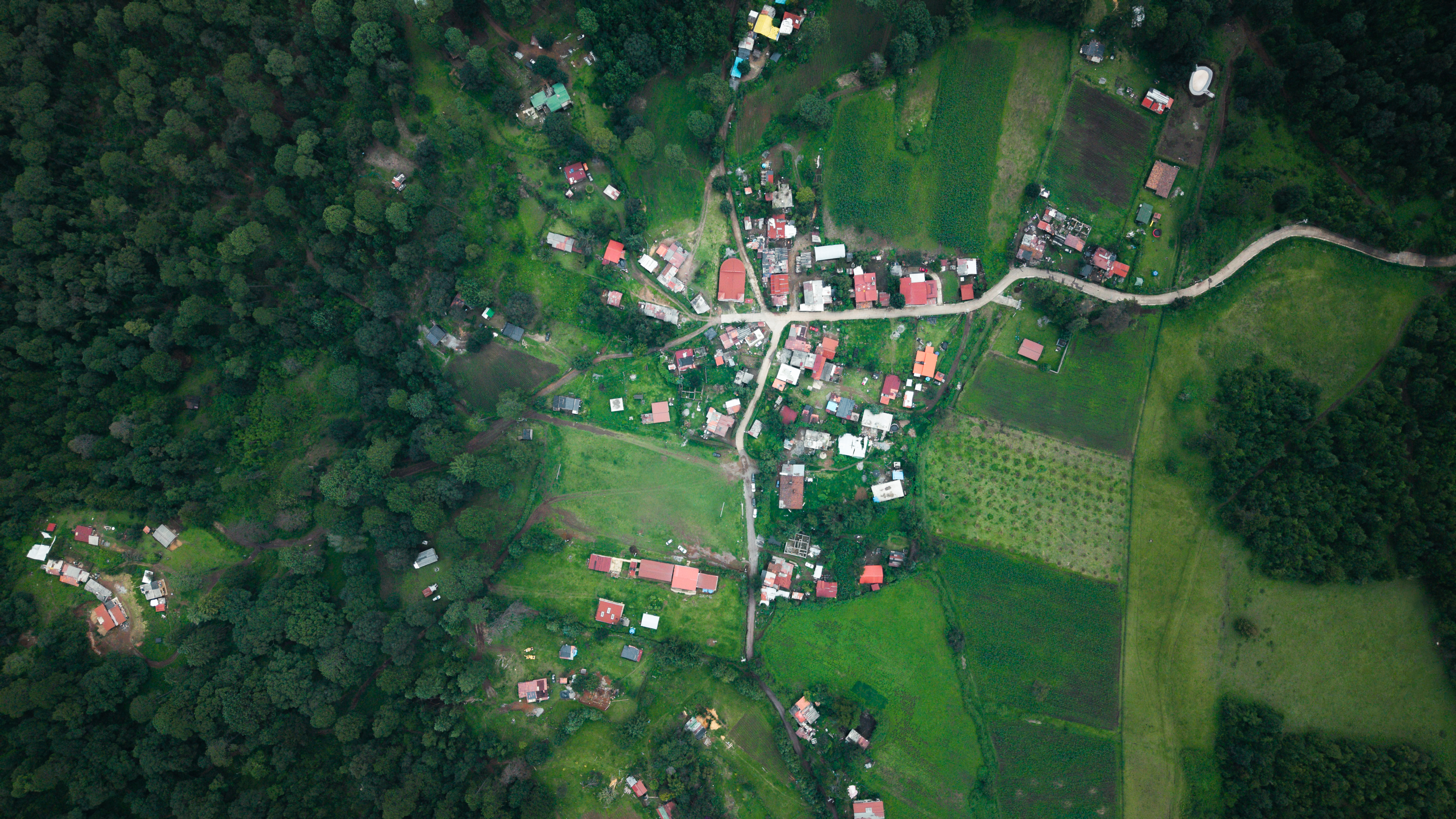 Vista aérea de la comunidad de La Huerta San Agustín, rodeada de bosque y parcelas agrícolas, en Valle de Bravo.
